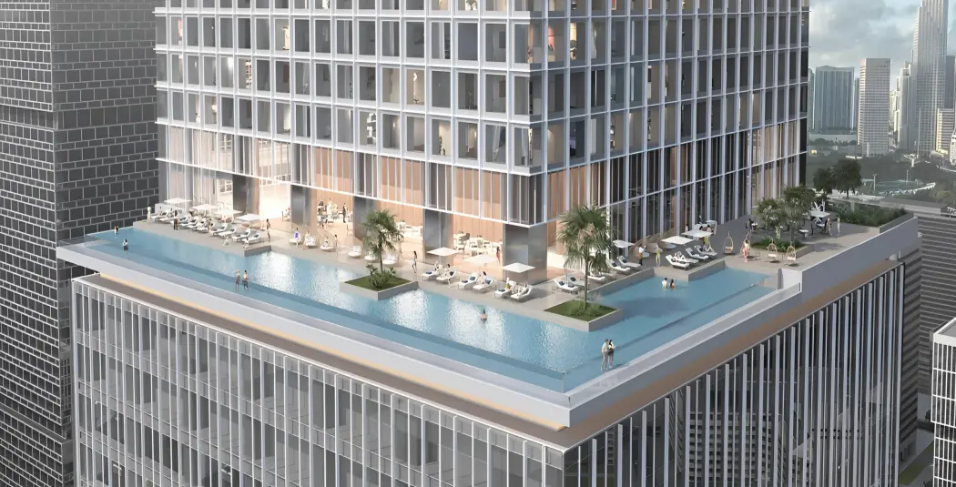 Side of skyscraper with a swimming pool